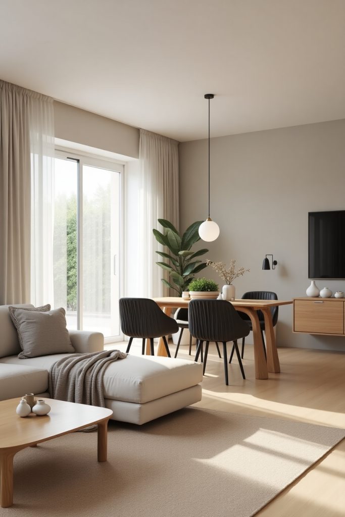 Japandi-style open living and dining room with neutral tones, low-profile furniture, and soft lighting.
