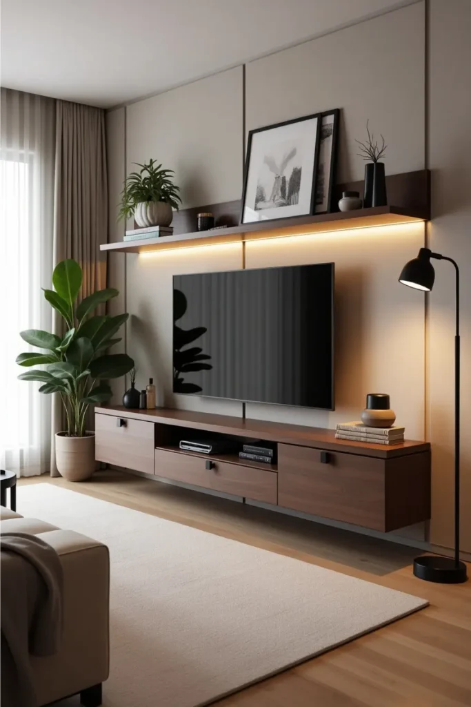 Modern walnut TV unit with glass shelves, beige sofa, plants, and warm ambient lighting in living room.