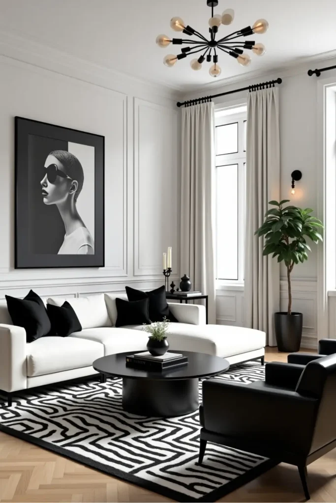 Elegant monochrome living room with white sofa, black accents, zebra rug, and gallery wall art.