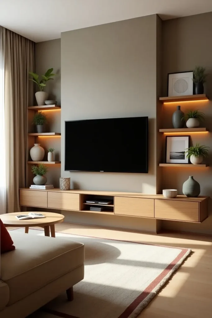 TV wall with oak shelves, warm lighting, plants, and decor in a cozy taupe-toned modern living room.