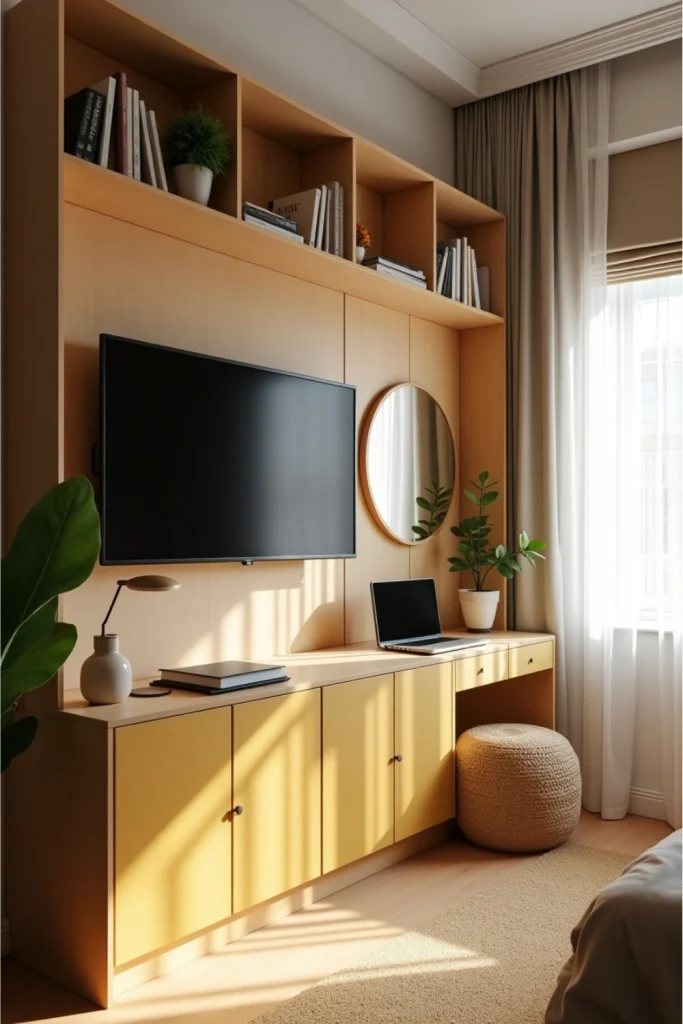 Wall-mounted TV unit with fold-down desk, shelves, plants, and warm decor for small studio space.