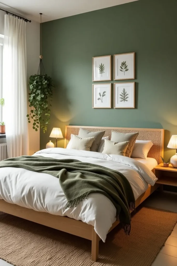 Boho bedroom with botanical grid wall art, oak bed, soft linens, plants, and sage green accent wall.