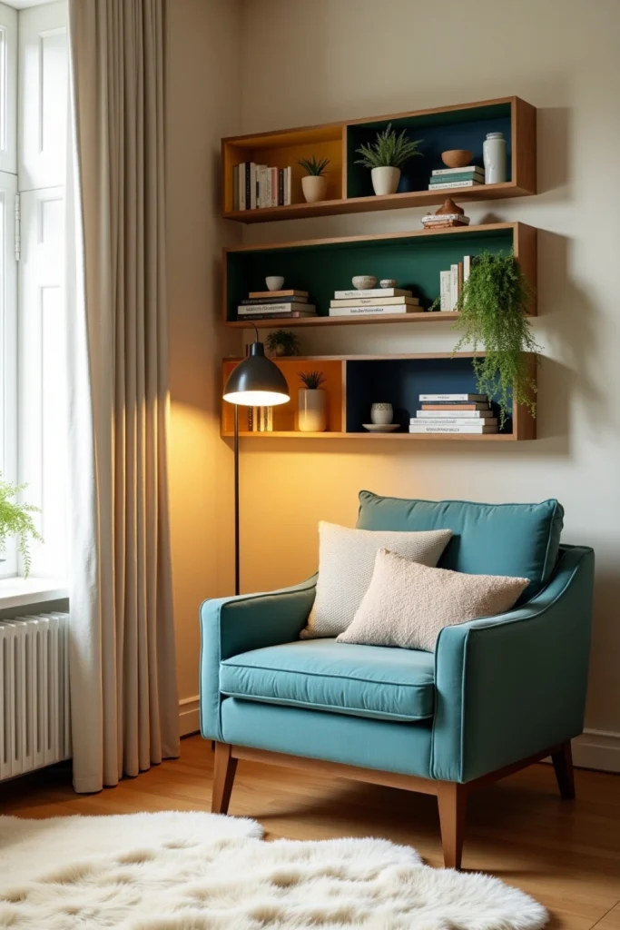 Cozy living room corner with oak and colorful DIY shelves, plants, books, and warm natural light.