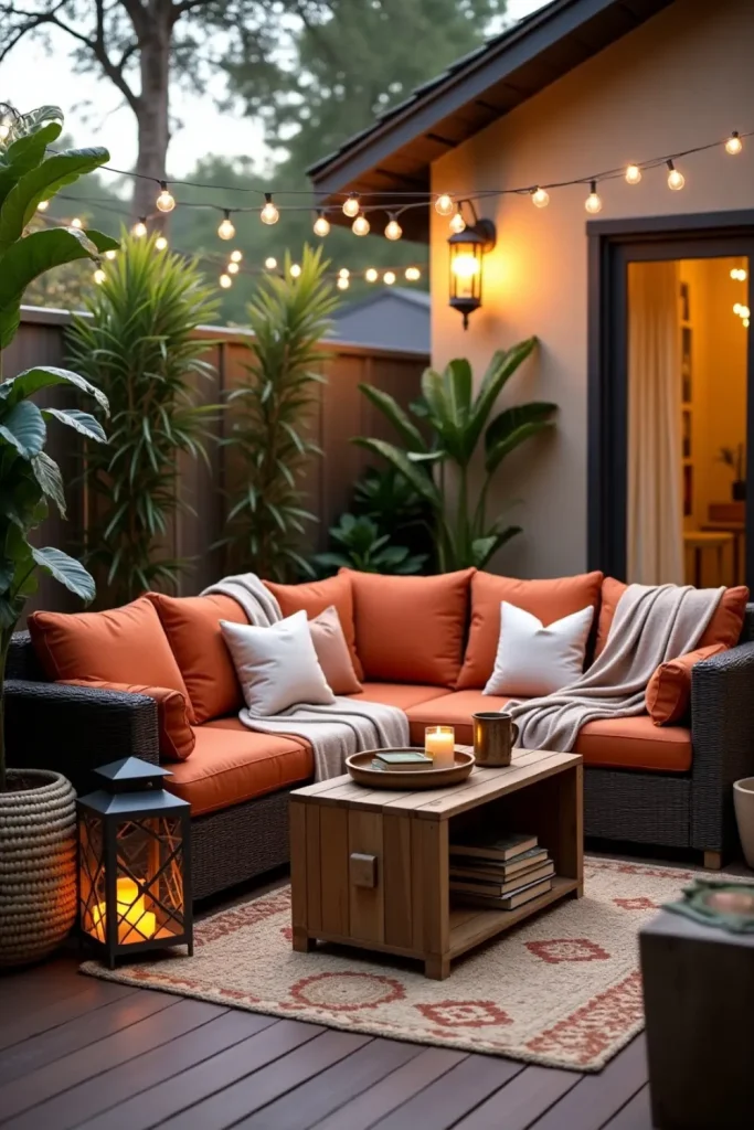 Cozy boho outdoor living room with earthy tones, crate table, string lights, and lush greenery.