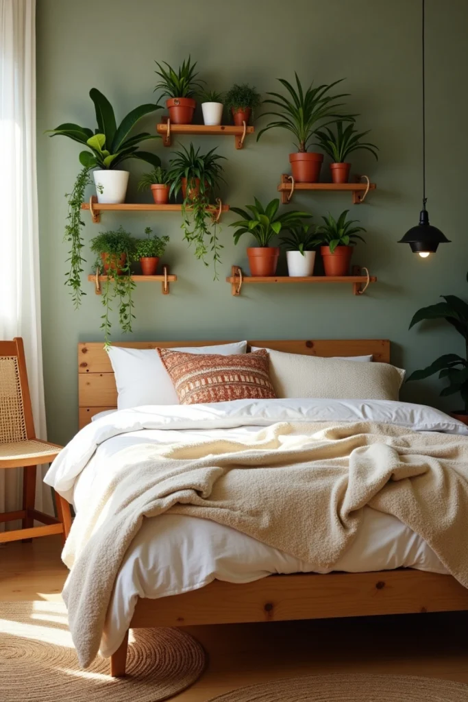 Boho bedroom with indoor plant wall, wooden bed, hanging planters, soft rugs, and warm lighting.
