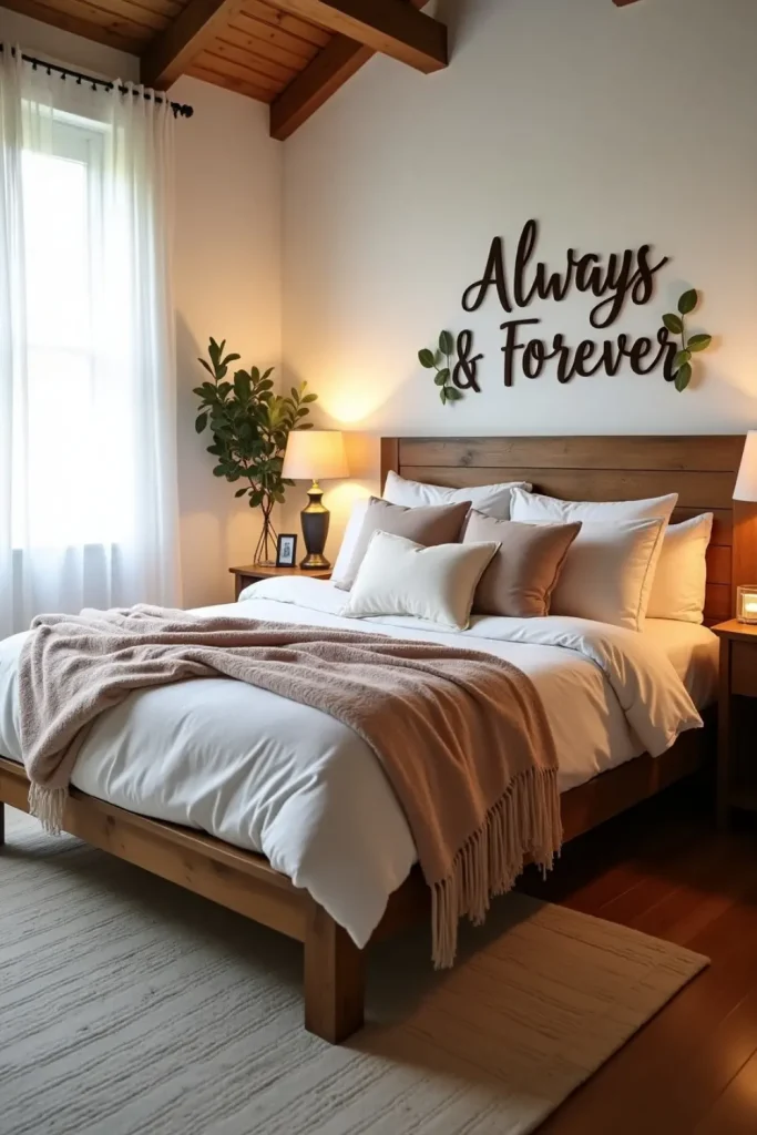 Rustic bedroom with “Always & Forever” sign above bed, blush linens, plants, and soft lighting.