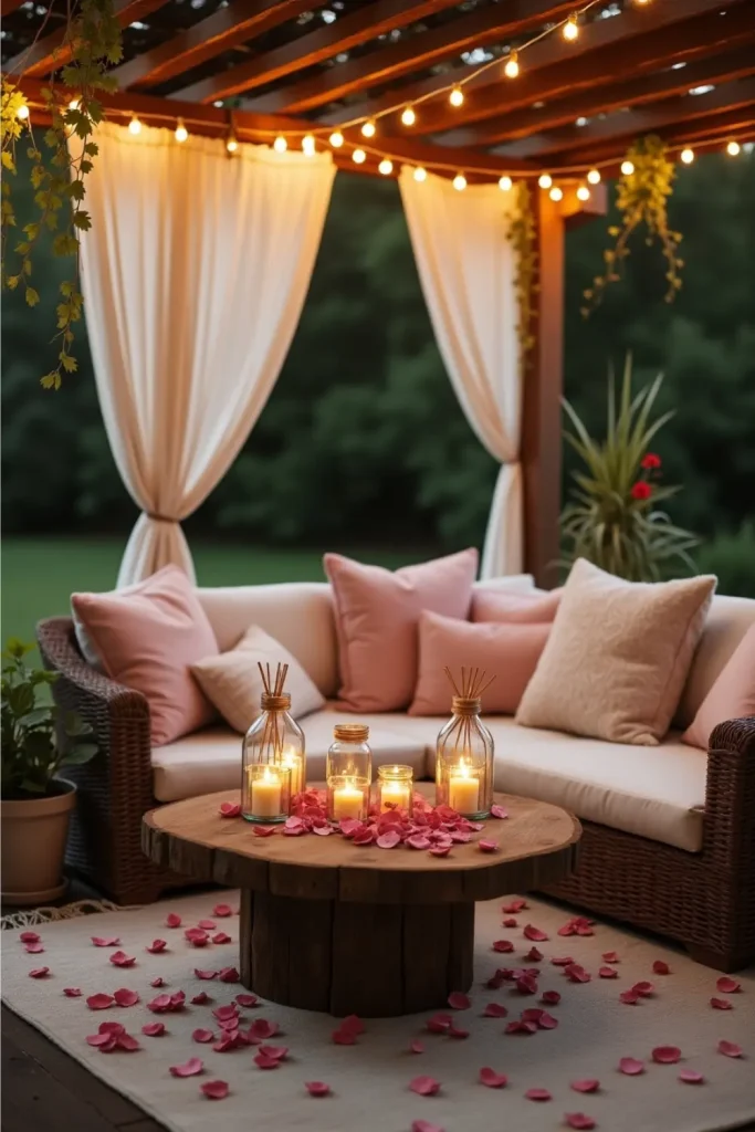 Cozy pergola setup with wicker loveseat, fairy lights, blush pillows, candles, and soft textures