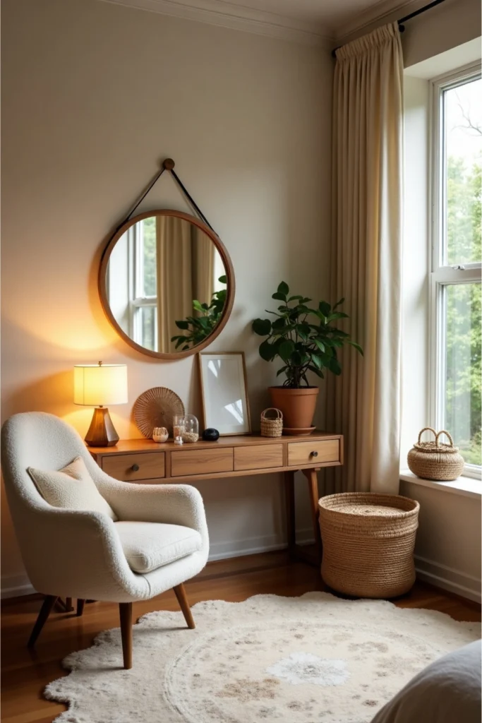 Round mirror above console with warm lighting, soft rug, boho chair, and cozy natural textures.