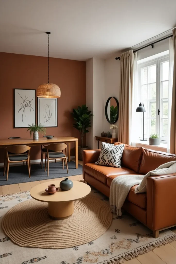 Modern boho living-dining room with layered rugs, earthy tones, and cozy, stylish decor elements.