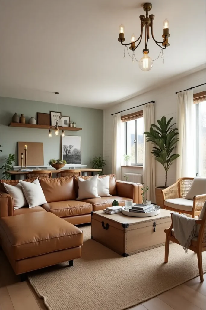 Rustic open living-dining room with farmhouse table, leather sofa, jute rug, and soft lighting.