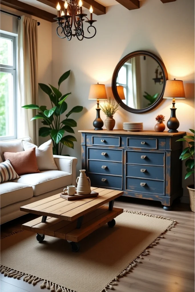 Rustic living room with upcycled pallet table, navy dresser, warm lighting, plants, and cozy textiles.