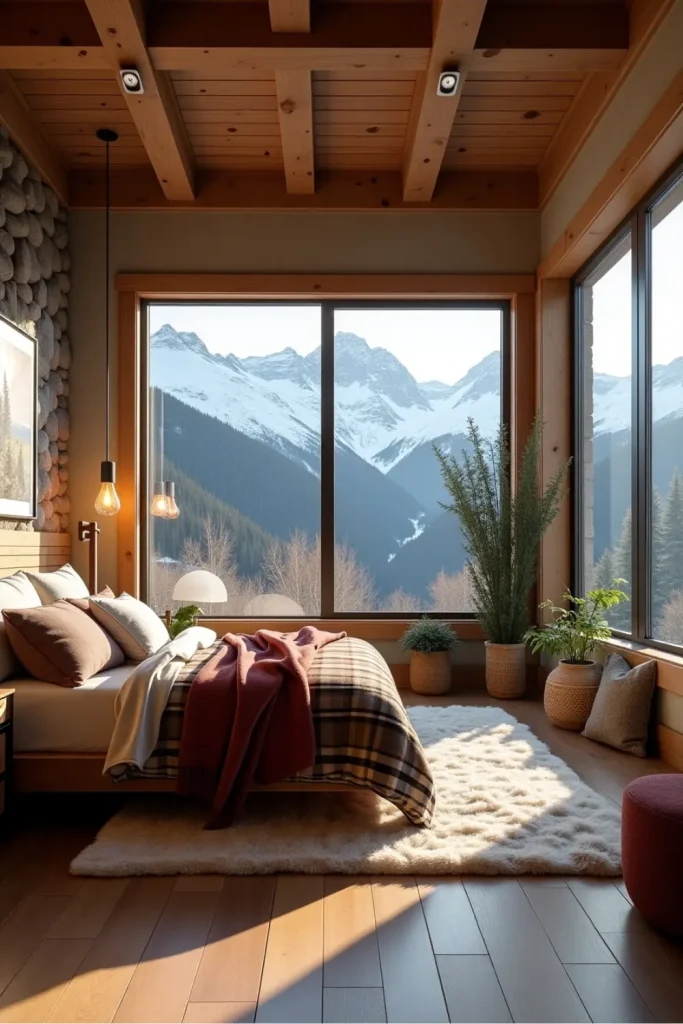 Rustic bedroom with plaid bedding, mountain view, wood beams, and soft sunlight through large windows.