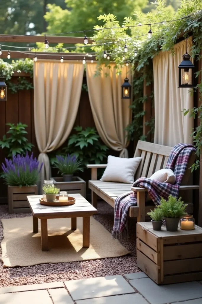 Rustic backyard with wood bench, gravel path, burlap curtains, plants, and warm lantern lighting.