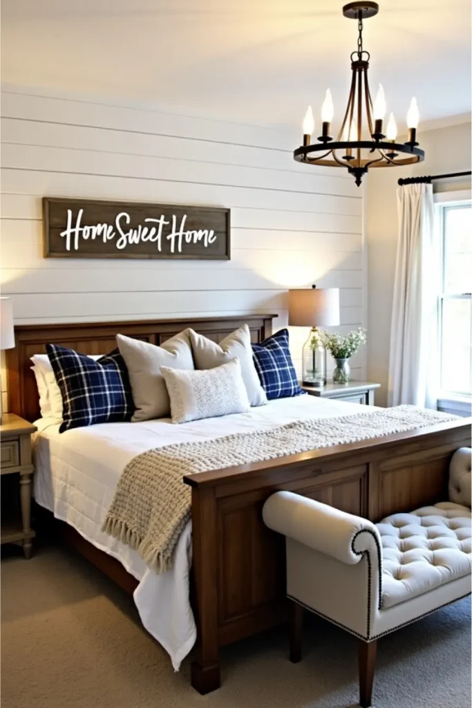 Rustic bedroom with wood sign, plaid bedding, warm lighting, shiplap walls, and cozy farmhouse decor.
