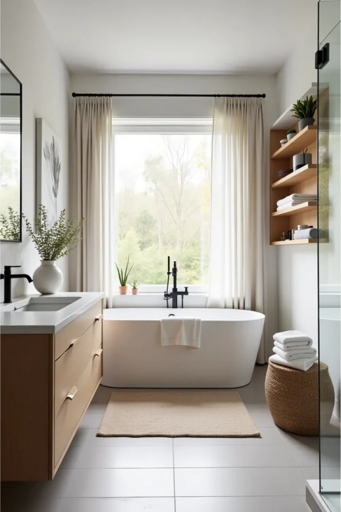 Scandinavian bathroom with white walls, oak vanity, plants, and airy natural light.