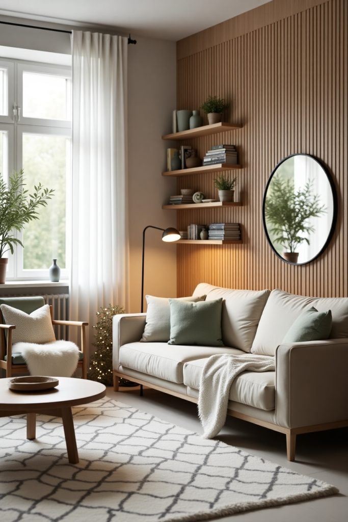 Scandinavian living room with birch wall, beige sofa, wood chair, plants, and cozy textures