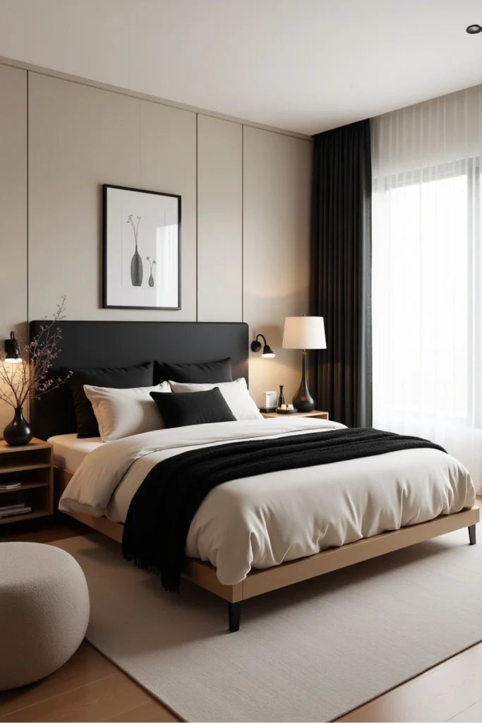 Japandi-style beige and black bedroom with soft lighting, layered linens, and minimalist decor.