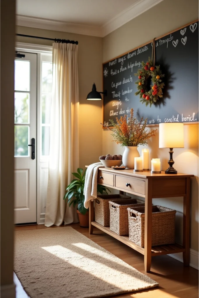 Cozy entryway with seasonal wreath, chalkboard quote, console table, warm lighting, and natural textures.