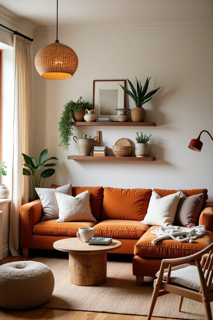 Boho living room with wood shelves, rust sofa, plants, and warm earthy decor in natural lighting.