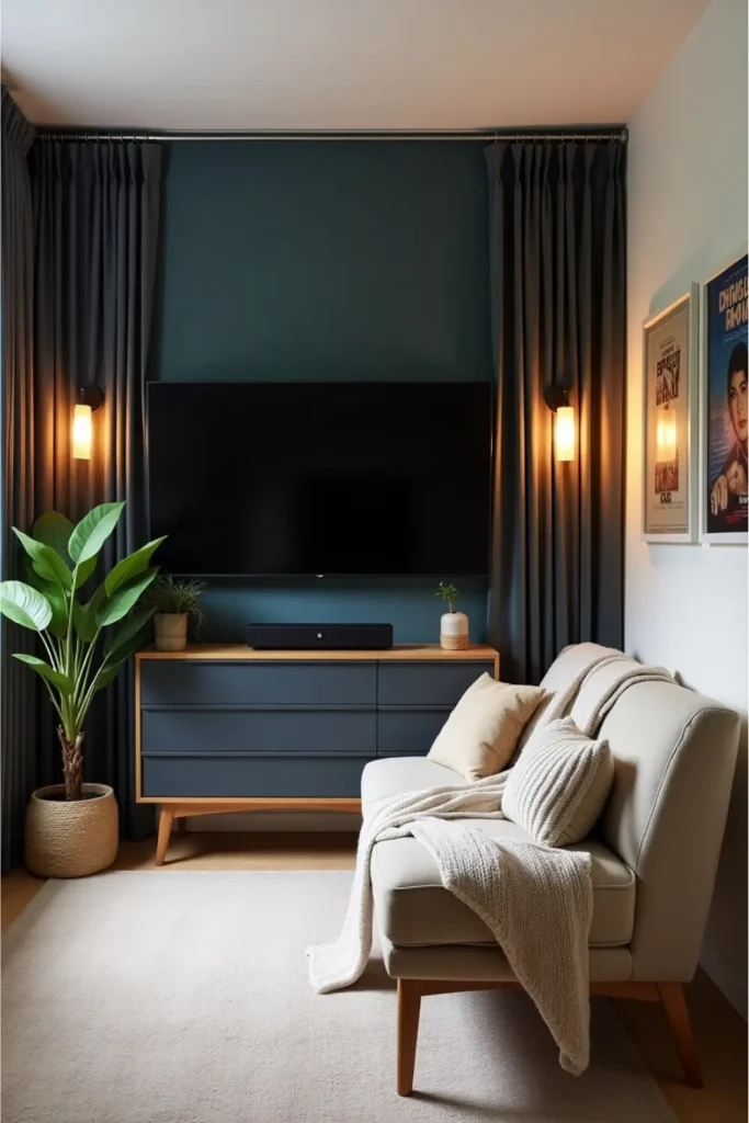 Minimalist home theater with TV, boucle sofa, blackout curtains, soft lighting, and cozy textiles.