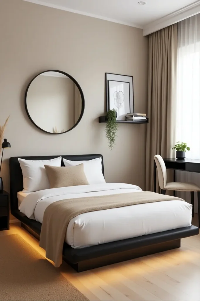 Minimalist Japandi bedroom with beige walls, black bed, white bedding, and warm ambient lighting.