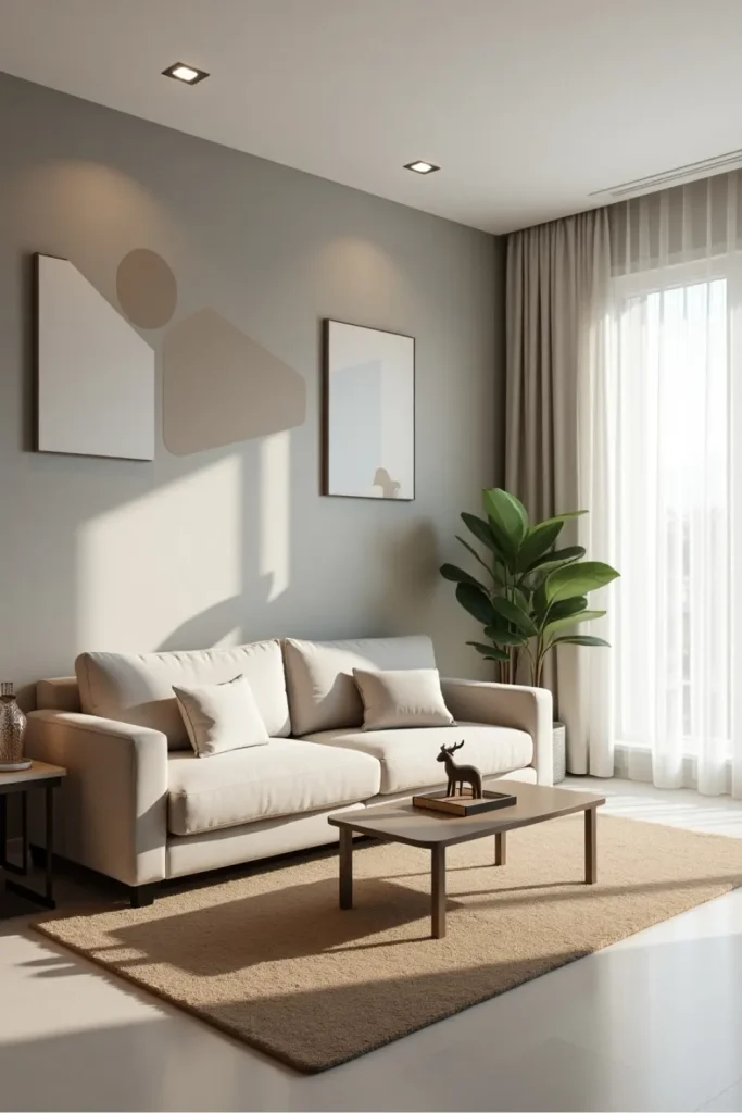 Minimalist living room with neutral sofa, glass table, plant, and geometric wall design