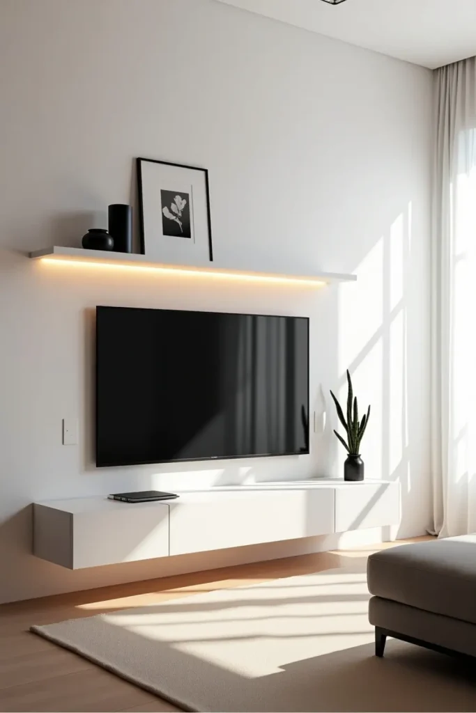 Minimalist living room with floating white TV unit, soft rug, gray sofa, and ambient warm lighting.