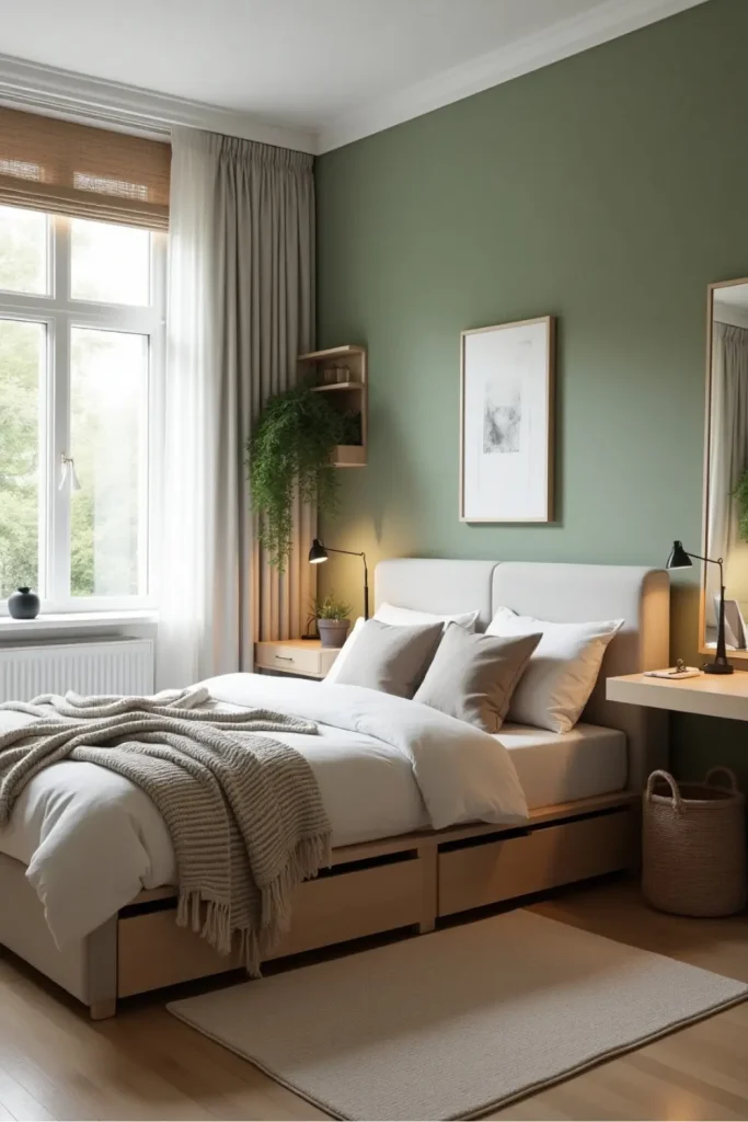 Scandinavian small bedroom with storage bed, sage wall, desk, mirror, plants, and warm lighting.