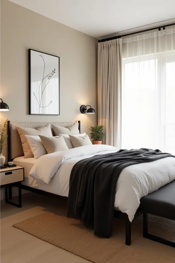 Japandi-style beige and black bedroom with black bed, white bedding, mirror, and warm lighting.