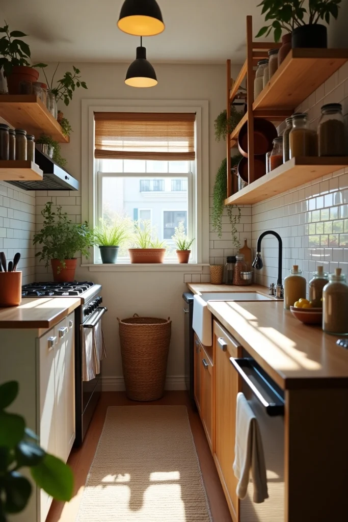 Small kitchen with mason jar spice rack & ladder pot hanger, cozy rustic-modern decor, warm light.