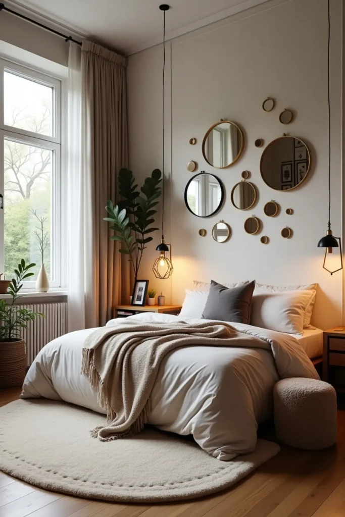 Small mirrors grouped on a bedroom wall reflect light, adding style and depth to a tiny cozy room.