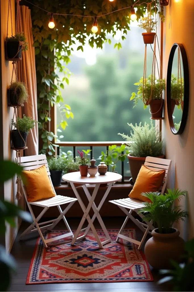 Boho-style tiny patio with bistro set, tribal rug, vines, and cozy decor under soft warm lighting.