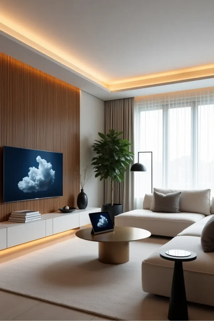 Minimalist luxury living room with smart tech, boucle sofa, digital art TV, and soft ambient light.