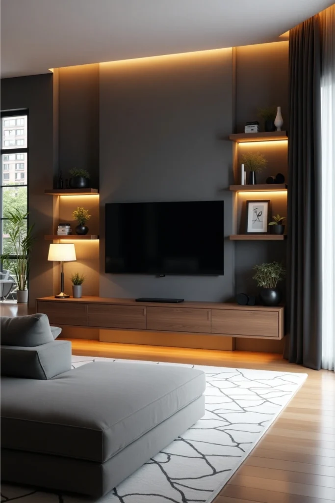 Smart TV wall unit with floating walnut console, LED lights, plants, and modular sofa in cozy setup