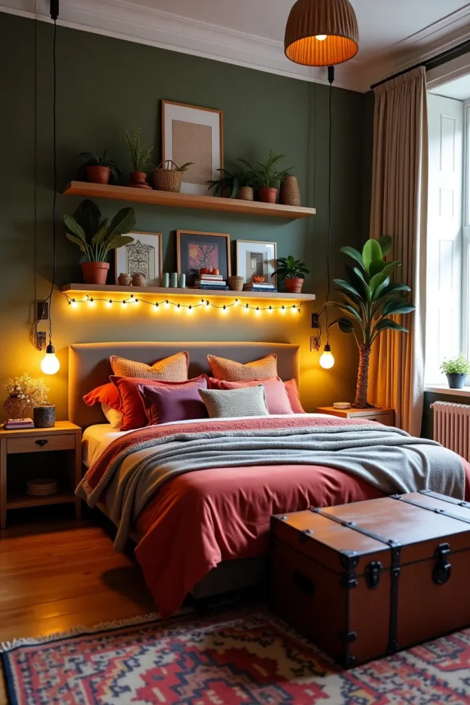 Maximalist bedroom with smart storage: floating shelves, trunk bench, baskets, and vibrant textiles.