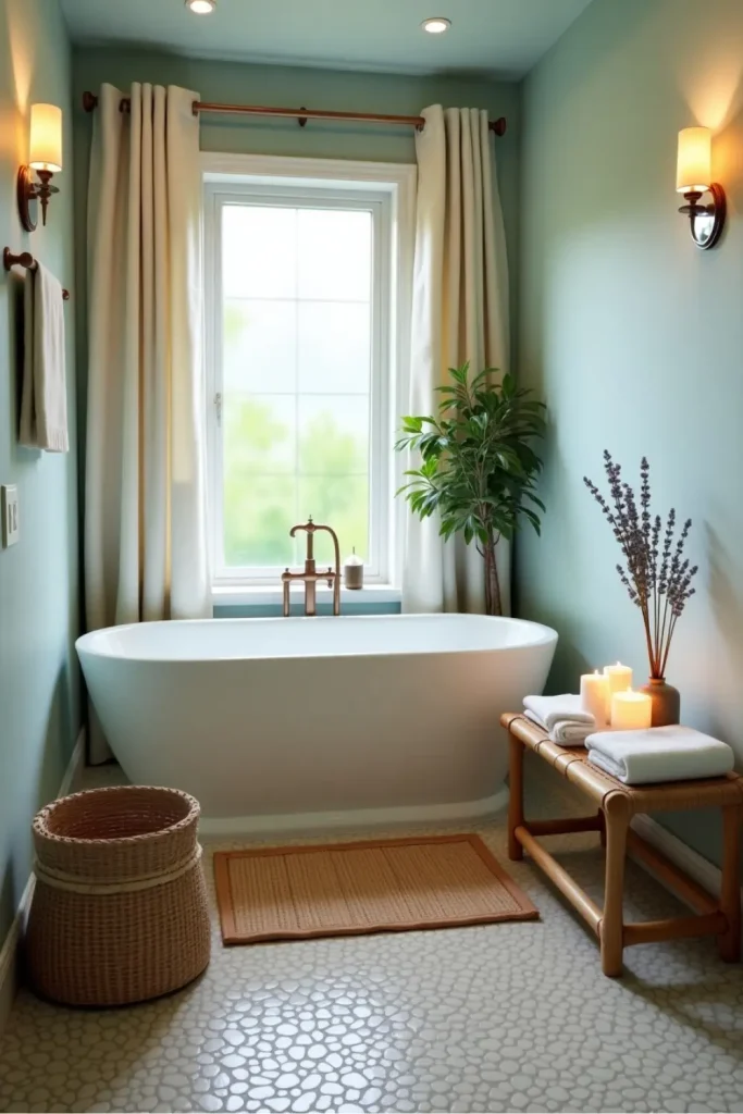 Spa bathroom with freestanding tub, bamboo mat, pebble floor, plants, and soft aqua walls.