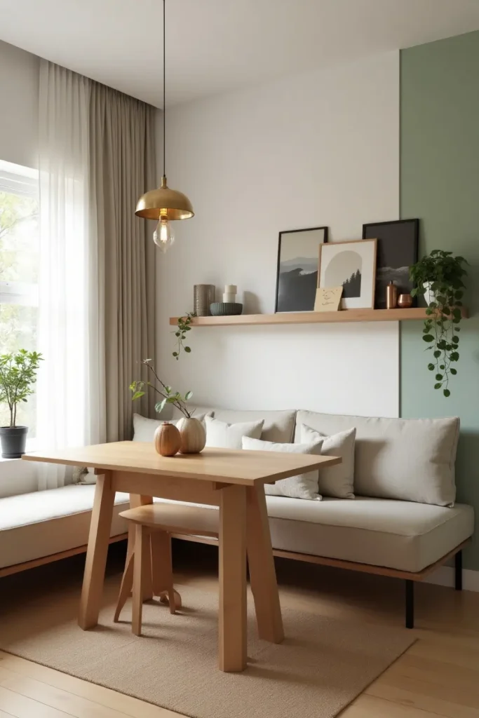 Japandi-style small space with drop-leaf table, linen sofa, warm lighting, and natural accents.