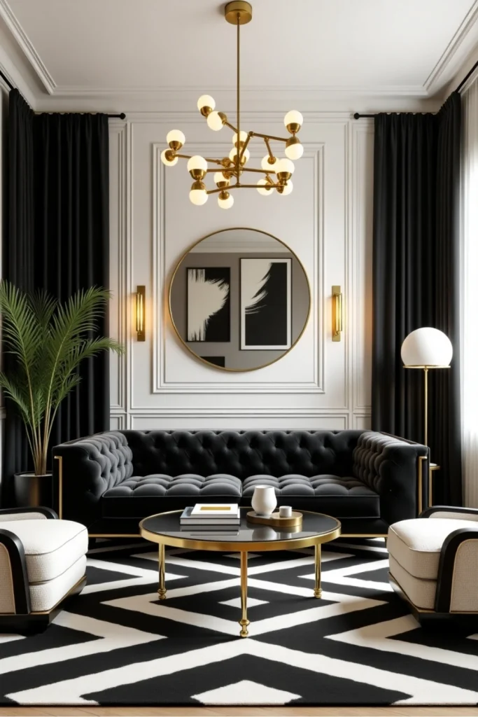 Luxurious Art Deco living room with tufted sofa, gold accents, bold rug, and velvet drapes.
