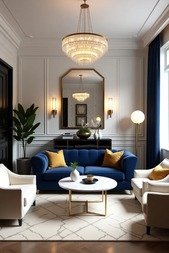 Luxurious Art Deco living room with crystal chandelier, velvet sofa, and gold-accented decor.