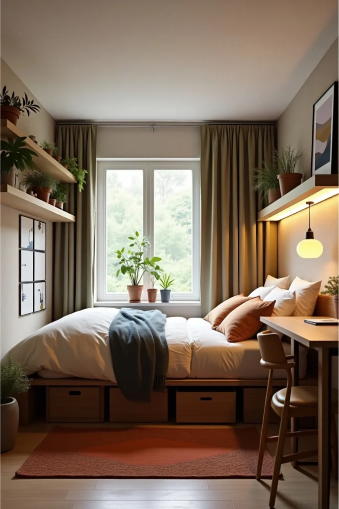 Clutter-free bedroom with pegboard, floating shelves, under-bed storage, and cozy soft textiles.
