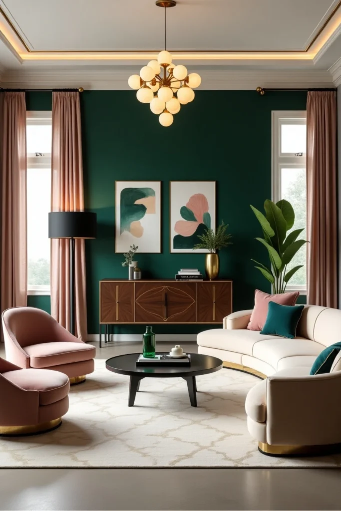 Elegant Art Deco living room with emerald wall, cream velvet sofa, gold accents, and blush details.