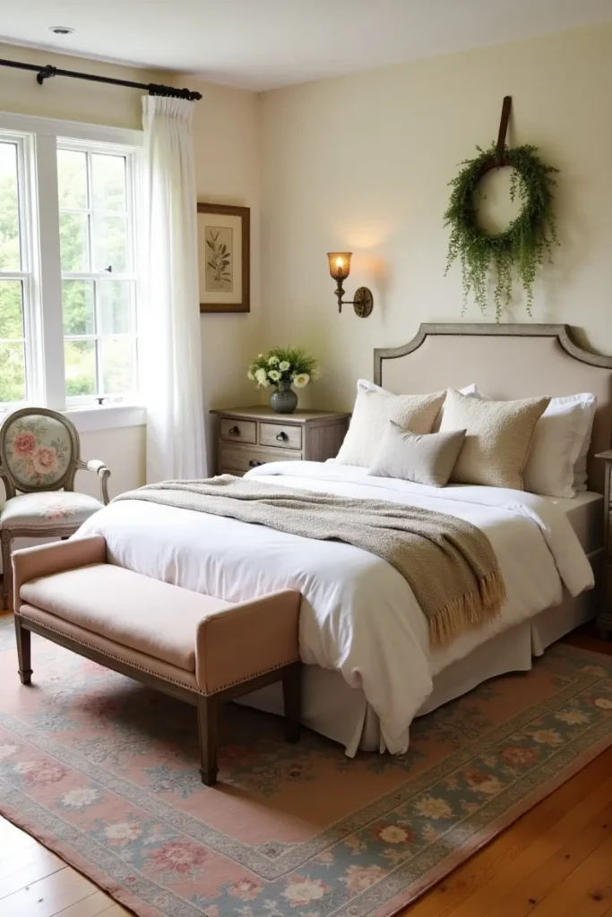 Vintage cottagecore bedroom with Persian rug, soft bedding, floral wallpaper, and warm lighting.