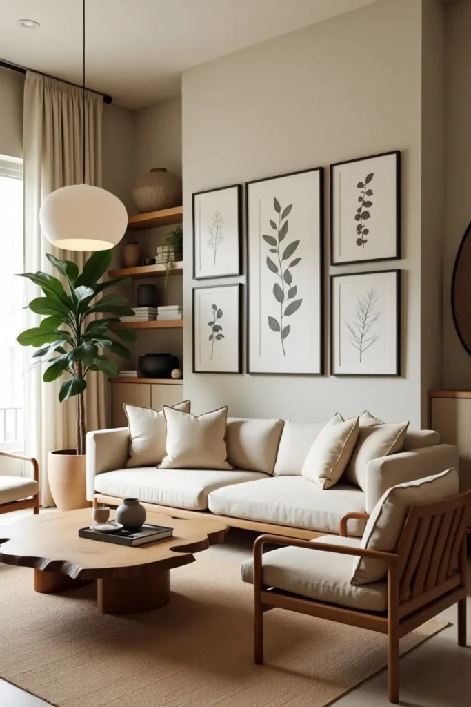 Japandi-style eco-luxury living room with neutral tones, reclaimed wood, and natural textures.