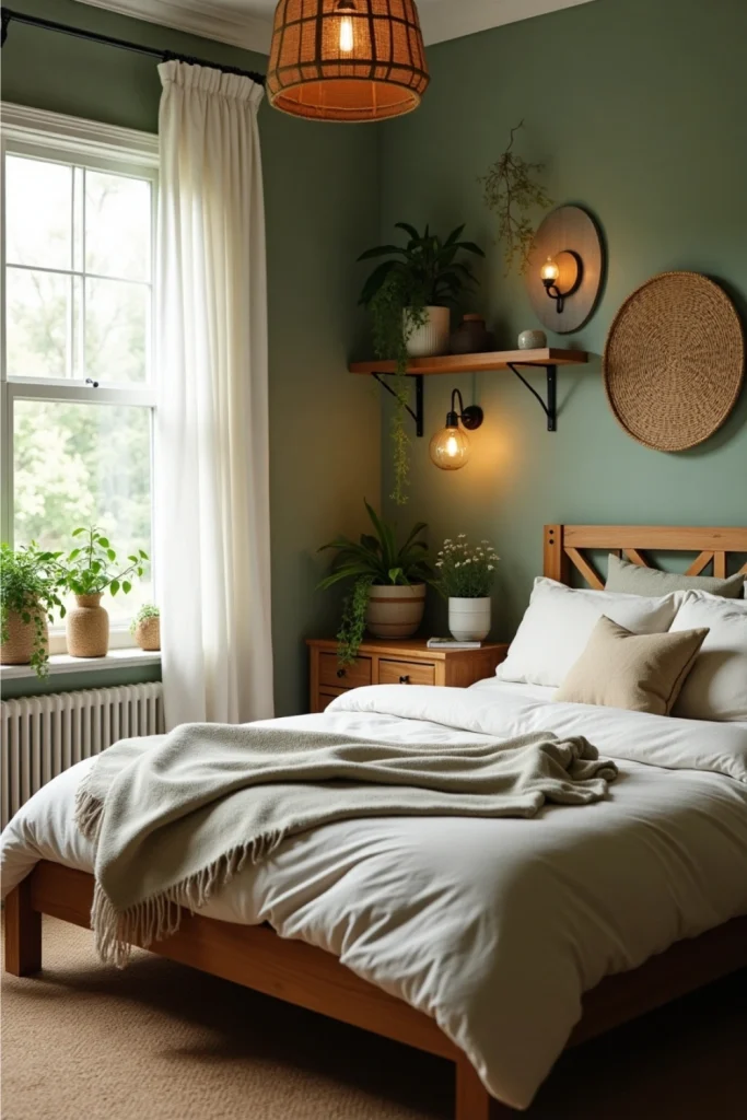 Eco-friendly bedroom with bamboo shelf, jute rug, plants, and reclaimed wood bed in warm lighting.