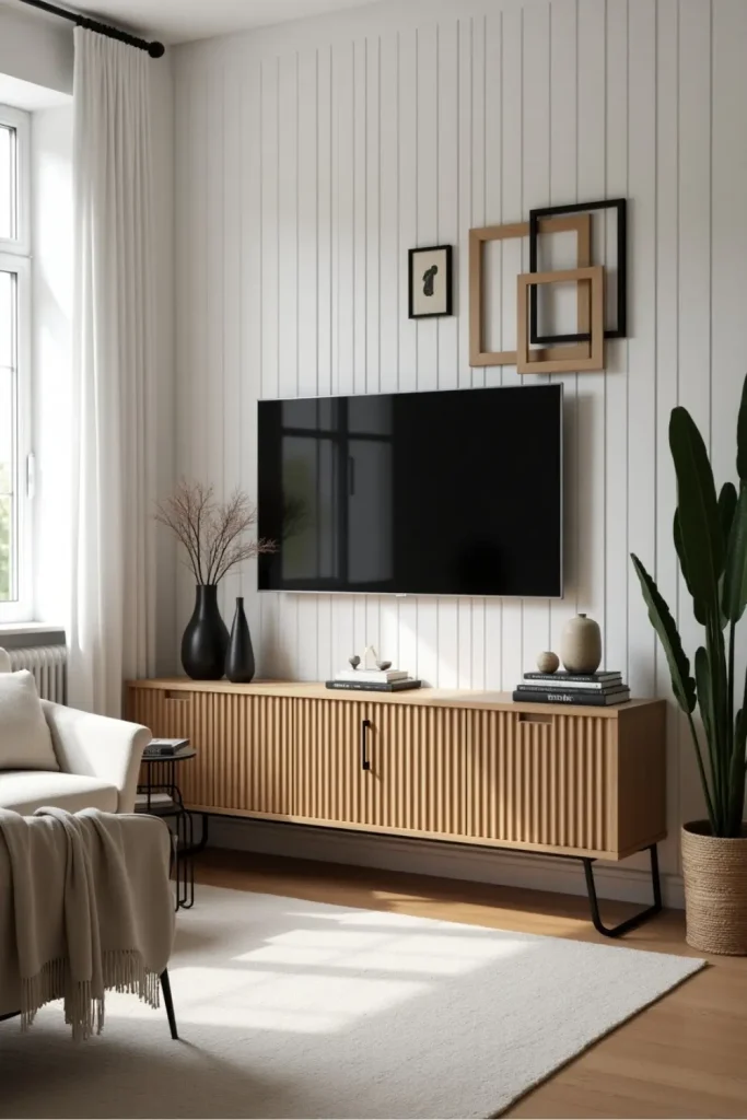 Modern TV wall with gallery frames, oak console, and cozy decor in a sunlit Scandinavian living room.
