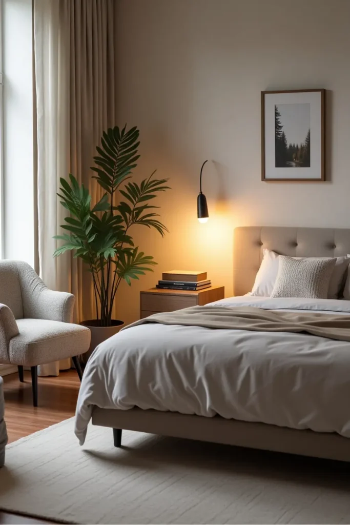 Modern cozy tech bedroom with smart lighting, soft textures, and wireless charging on nightstands.