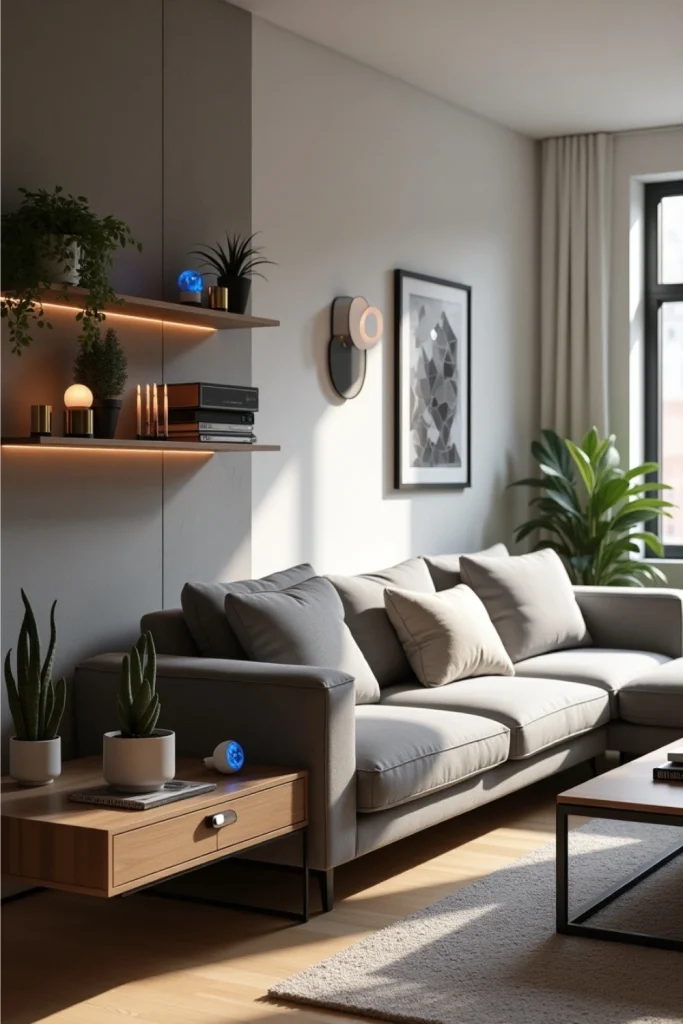Modern tech-integrated living room with smart lighting, cozy textures, and DIY charging station setup.