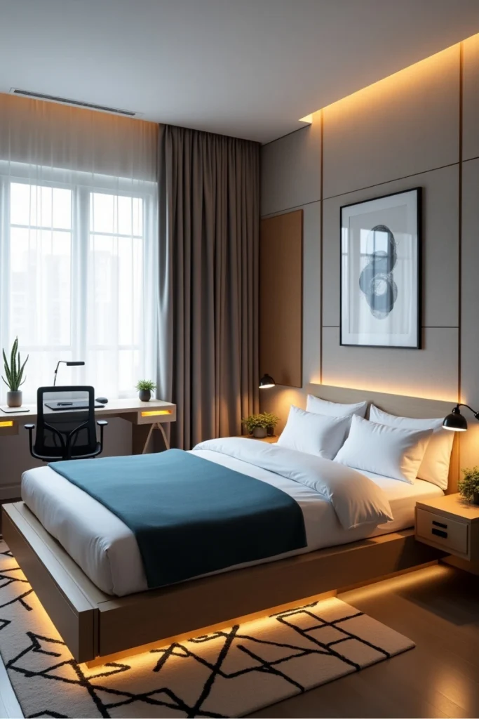 Modern bedroom with desk, tech lighting, and smart decor, styled for remote work and relaxation.