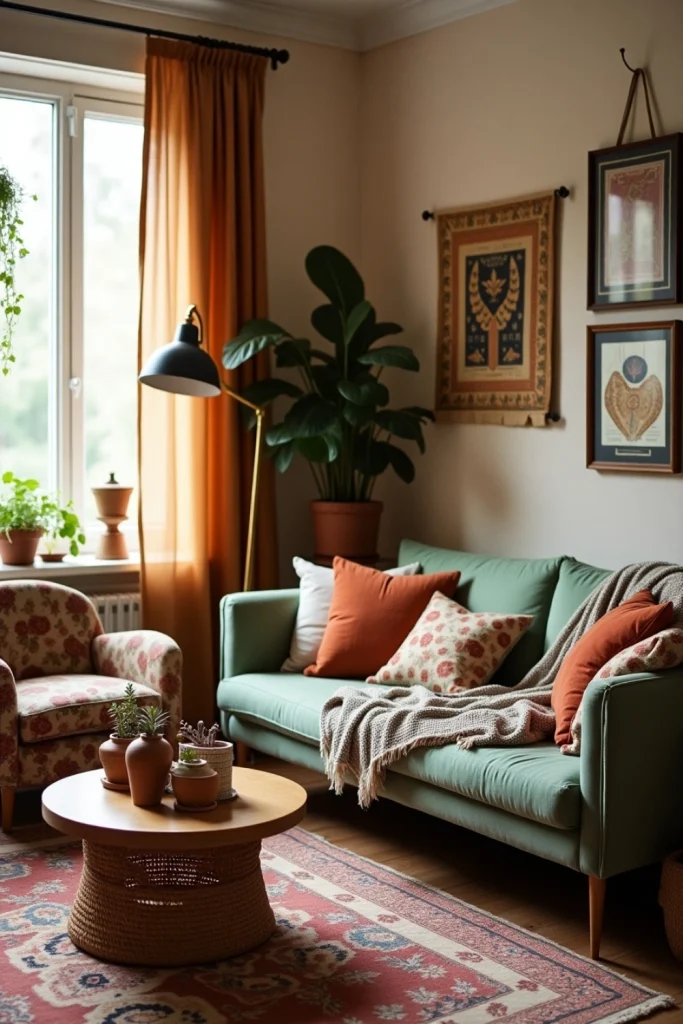 Boho living room with bold textiles, patterned rug, velvet throws, plants, and soft natural lighting.