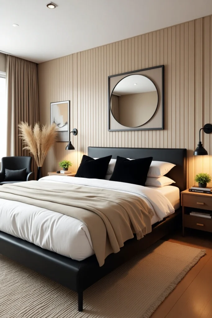 Modern beige and black bedroom with textured wall, cozy bed, warm lighting, and stylish decor.